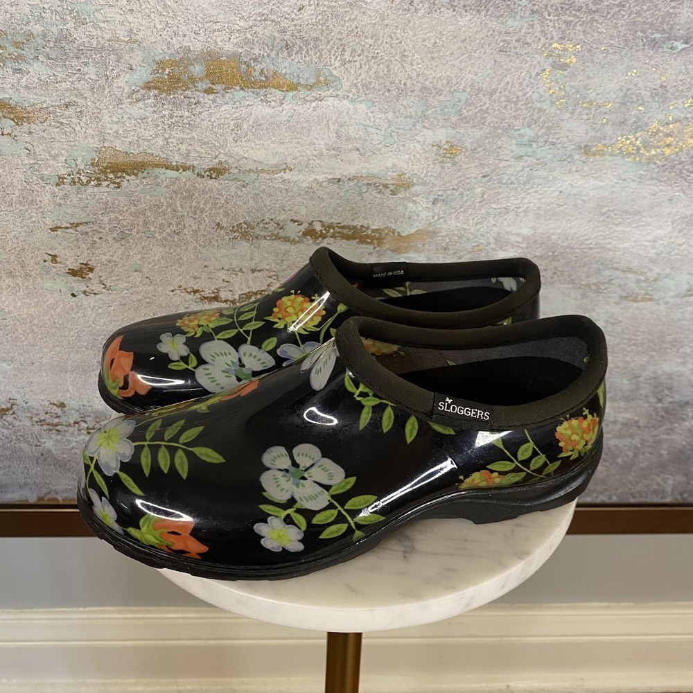 Sloggers Clog Shoes Womens Size 7 Black Floral Slip On Waterproof Garden USA